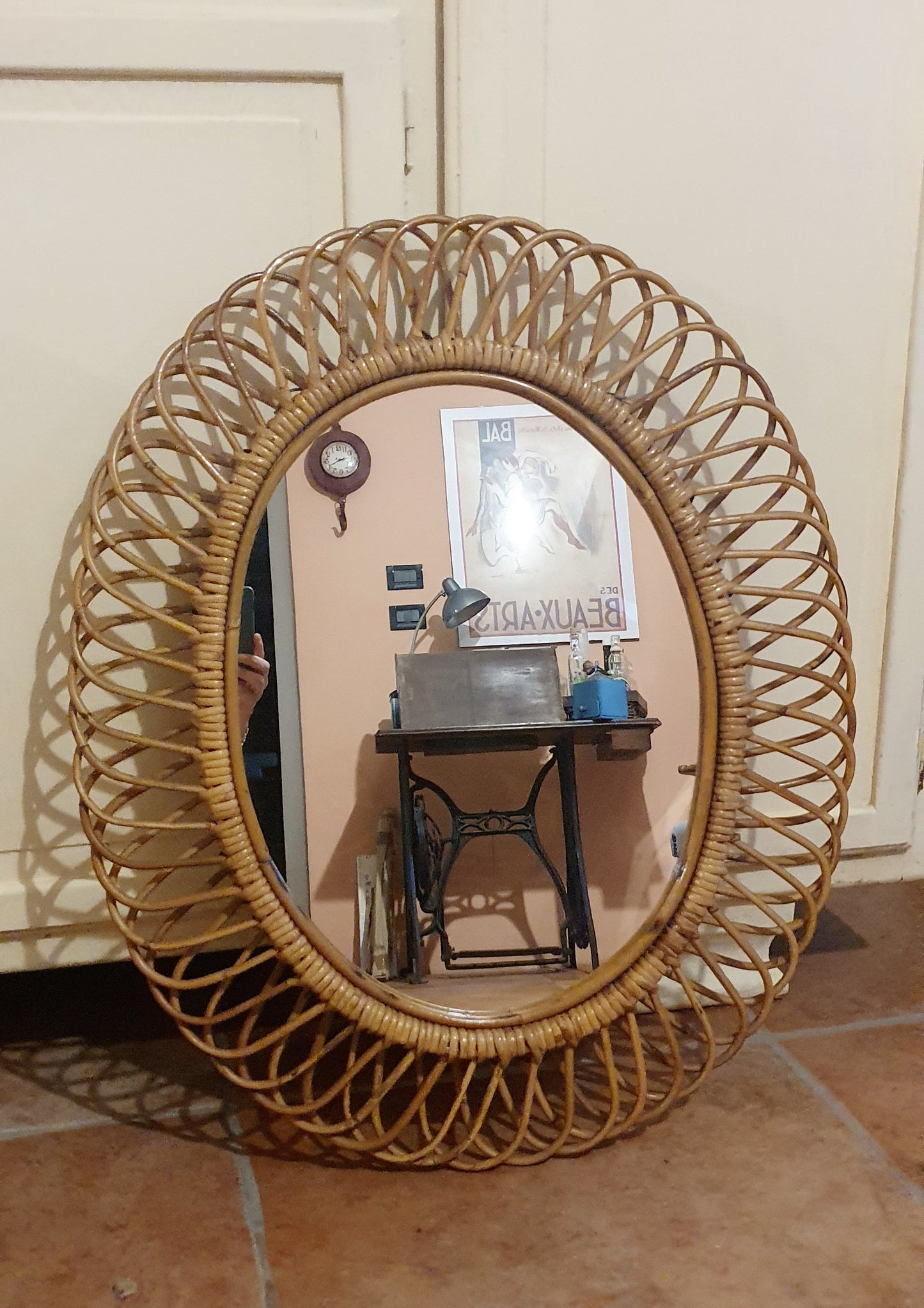 SPECCHIO OVALE IN VIMINI F.ALBINI MID-CENTURY