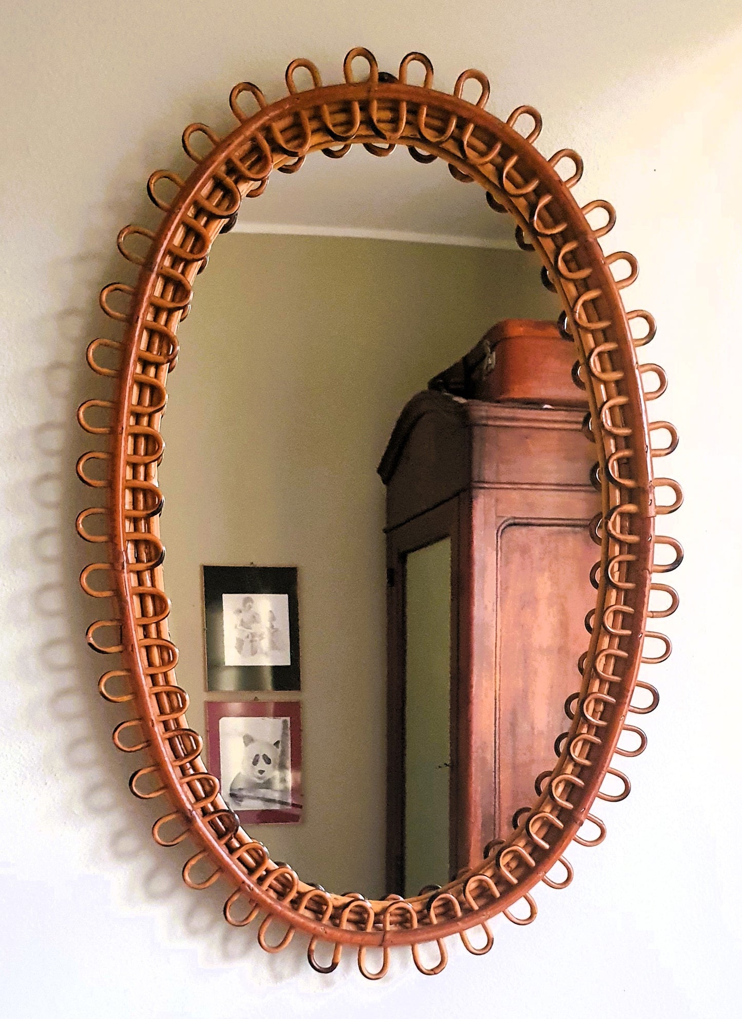 F. ALBINI SPECCHIO OVALE IN BAMBÚ E RATTAN ITALIA ANNI '60