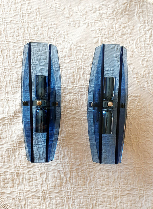 COPPIA DI APPLIQUE IN VETRO BLU DI VECA ITALIA ANNI '60 - '70