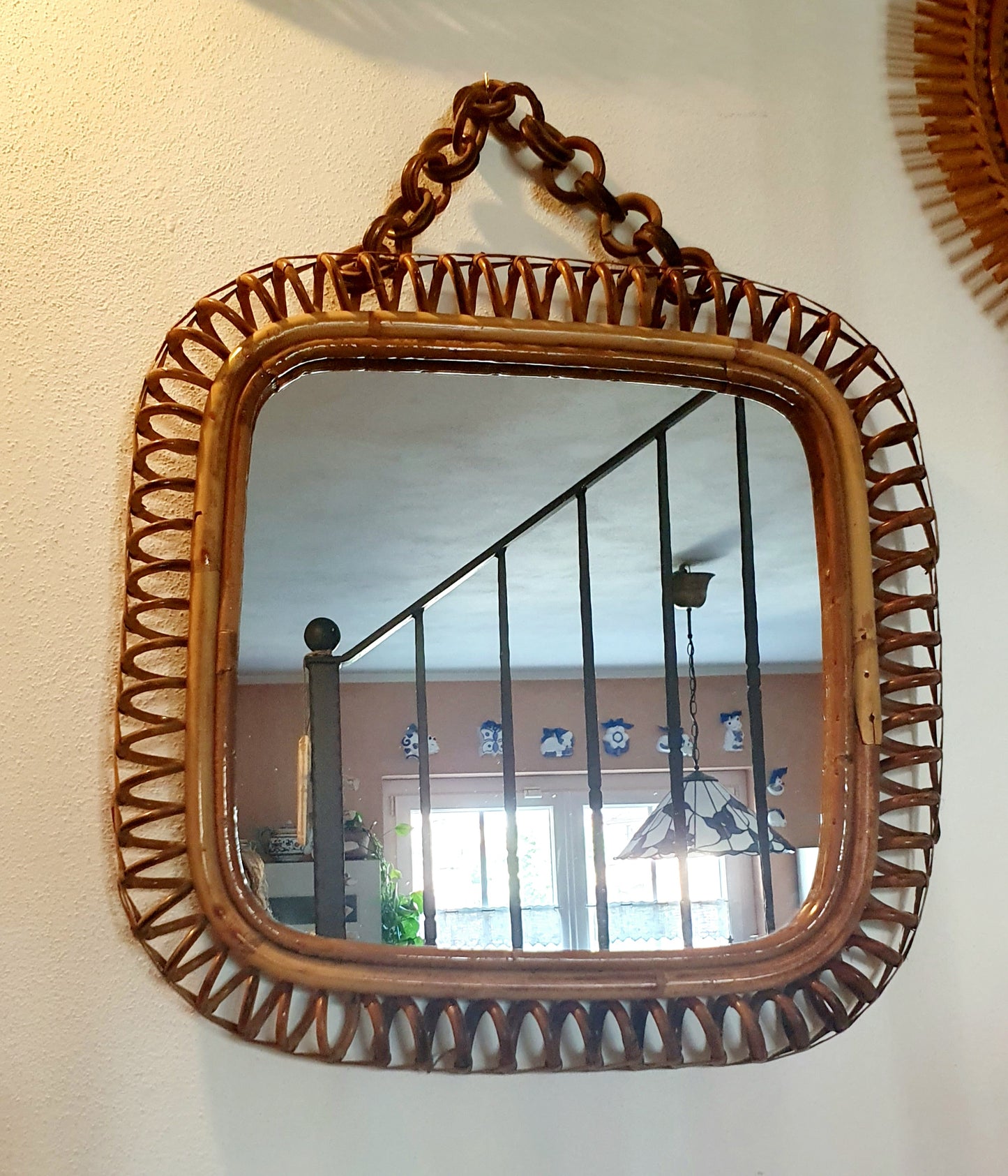 SPECCHIO VINTAGE IN VIMINI E BAMBU' QUADRATO COSTA AZZURRA ITALIA ANNI '60