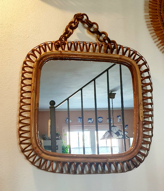 SPECCHIO VINTAGE IN VIMINI E BAMBU' QUADRATO COSTA AZZURRA ITALIA ANNI '60