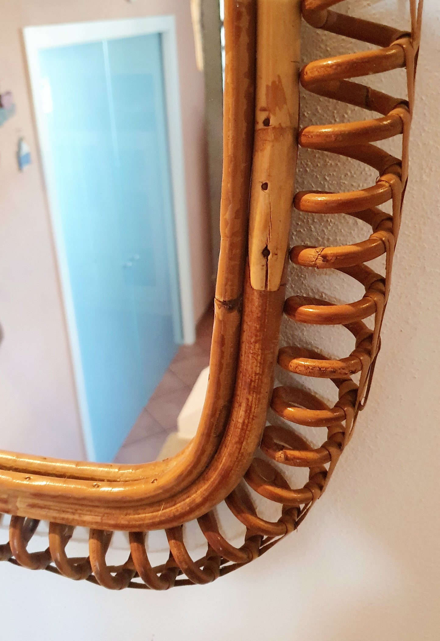 SPECCHIO VINTAGE IN VIMINI E BAMBU' QUADRATO COSTA AZZURRA ITALIA ANNI '60