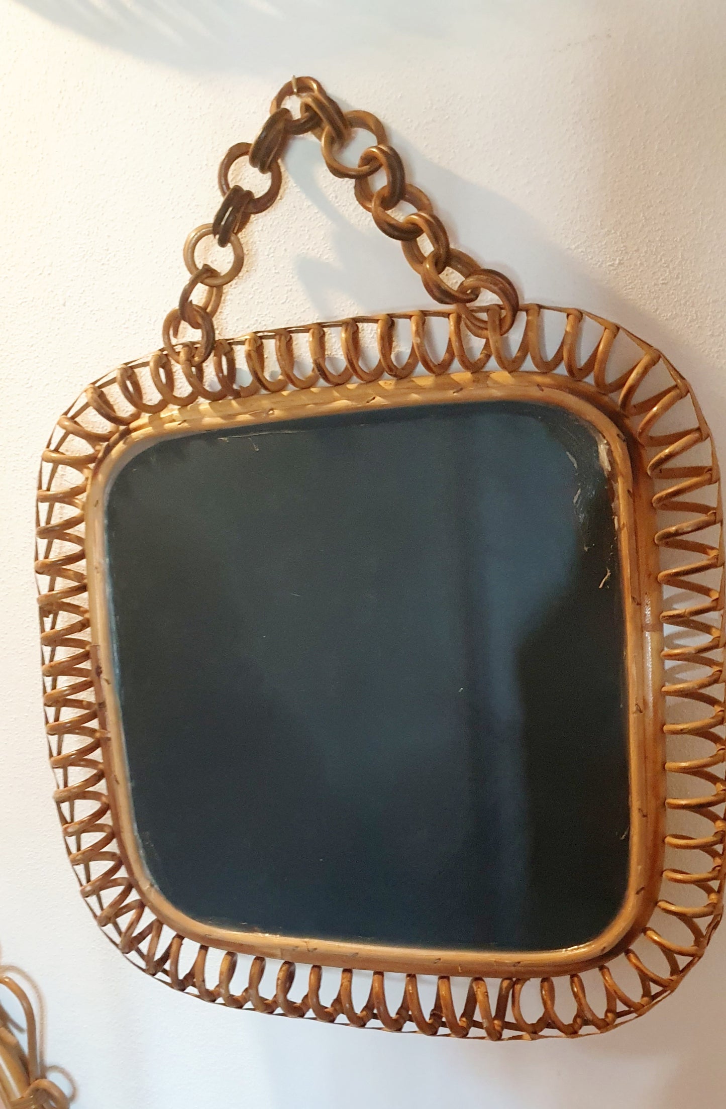 SPECCHIO VINTAGE IN VIMINI E BAMBU' QUADRATO COSTA AZZURRA ITALIA ANNI '60