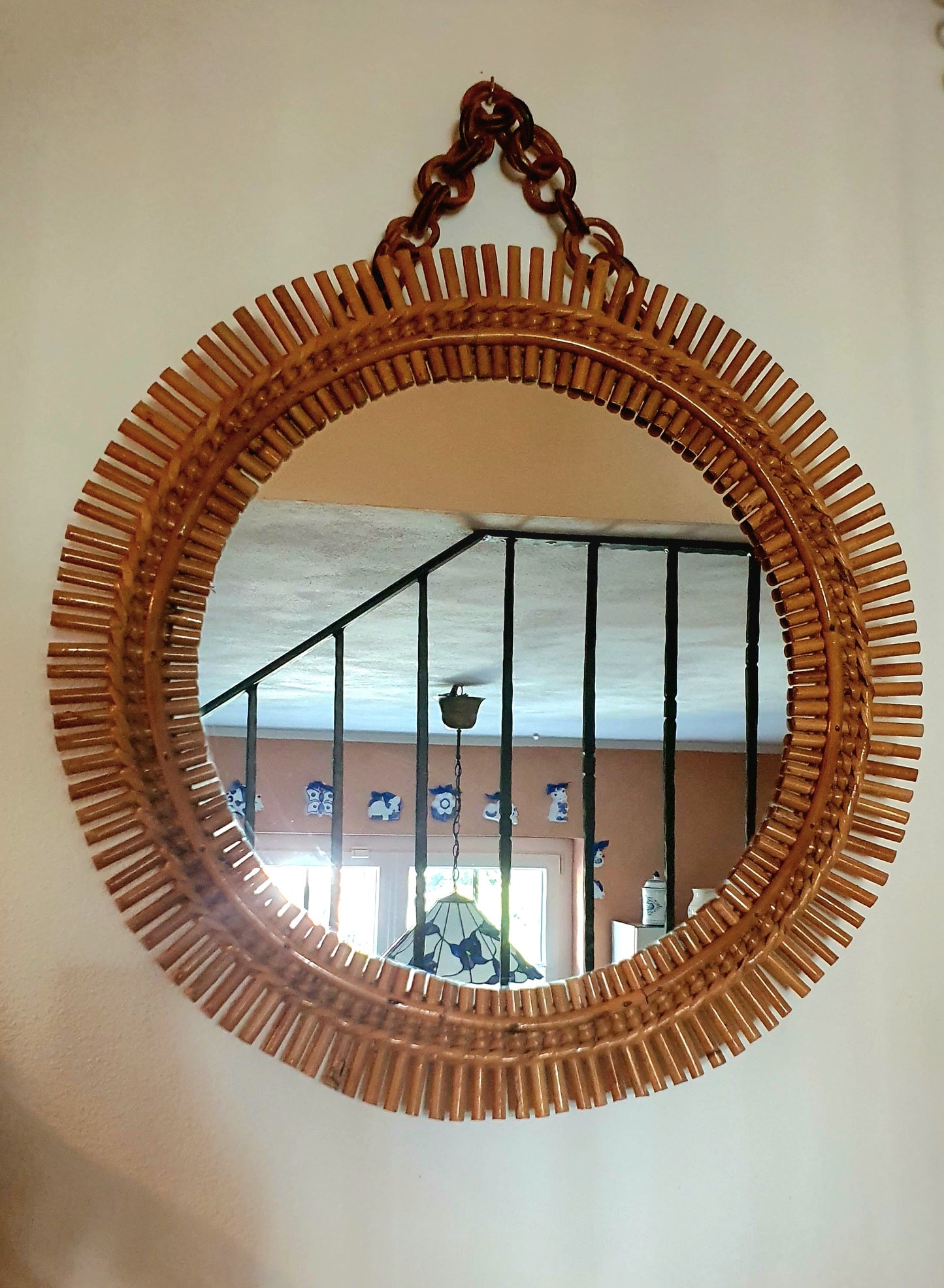 SPECCHIO VINTAGE IN VIMINI E BAMBU' ROTONDO RIVIERA F. ALBINI 1960