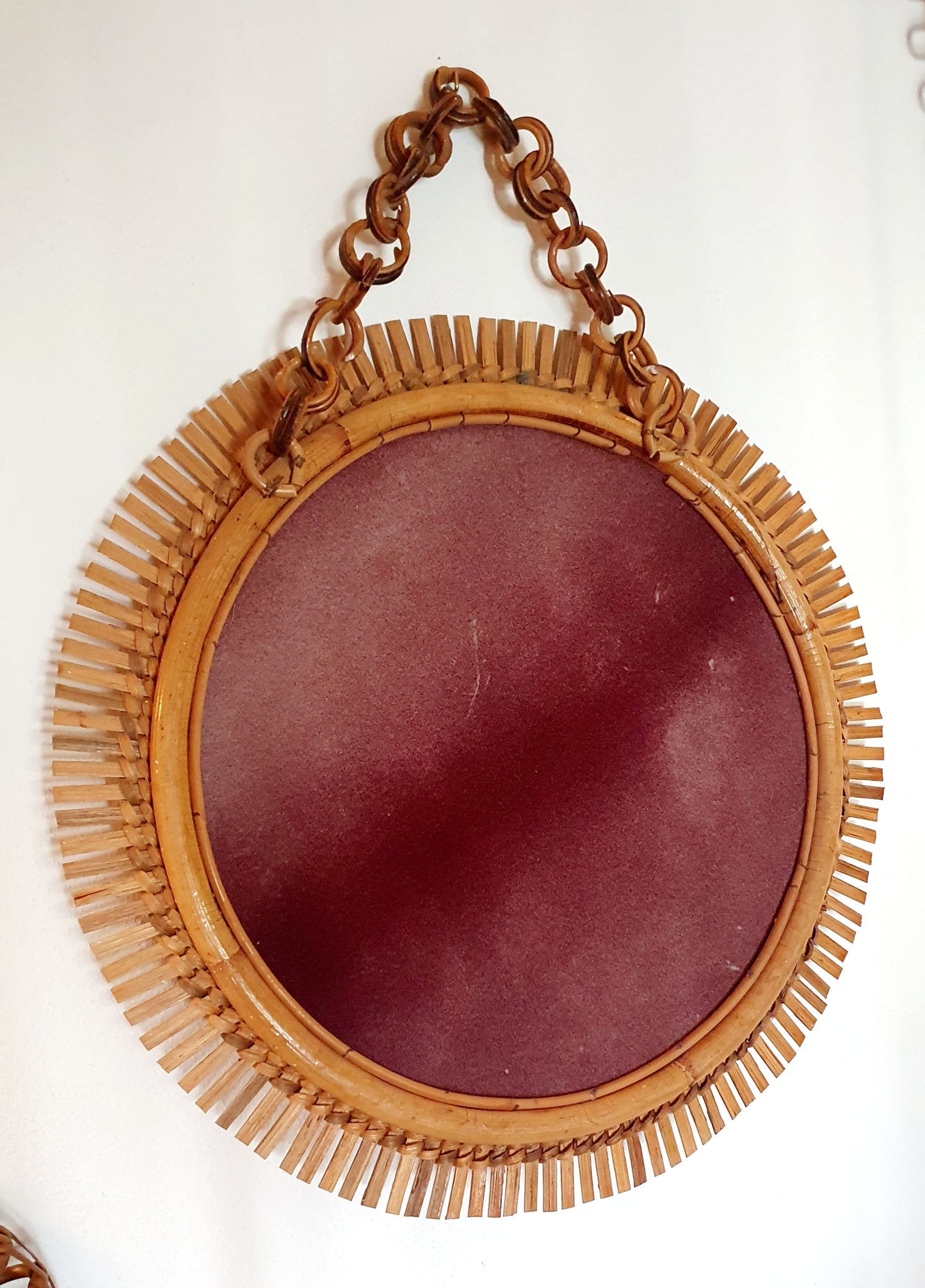 SPECCHIO VINTAGE IN VIMINI E BAMBU' ROTONDO RIVIERA F. ALBINI 1960