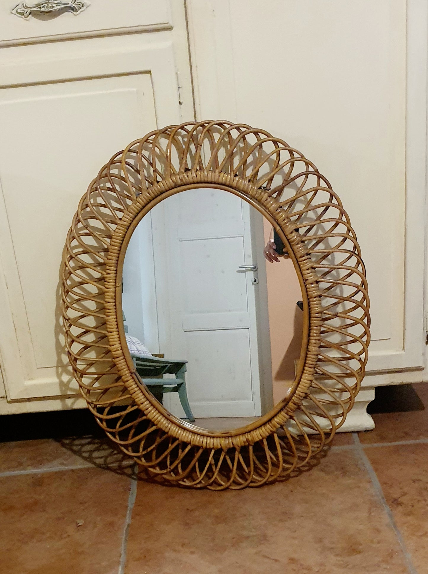 SPECCHIO OVALE IN VIMINI F.ALBINI MID-CENTURY