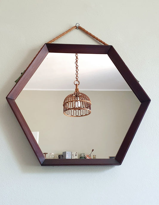 SPECCHIO ESAGONALE VINTAGE IN TEAK ITALIA MID-CENTURY