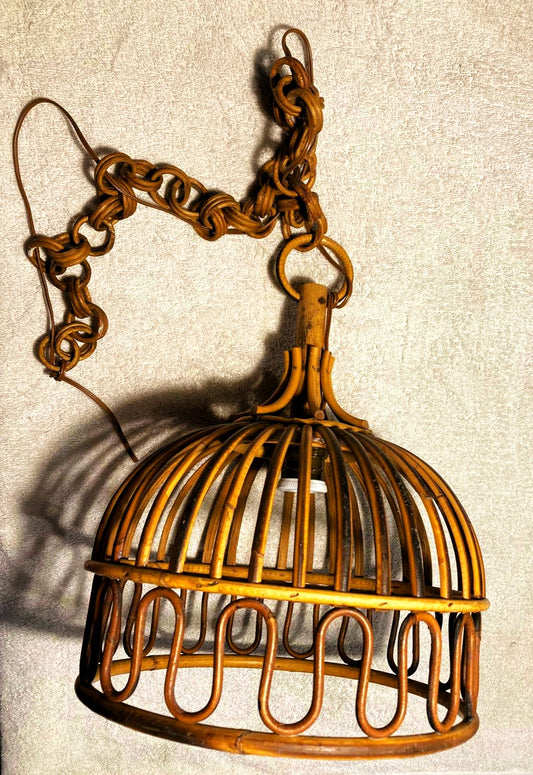 LAMPADA A SOSPENSIONE MID-CENTURY IN BAMBU' E VIMINI, ITALIA ANNI '60